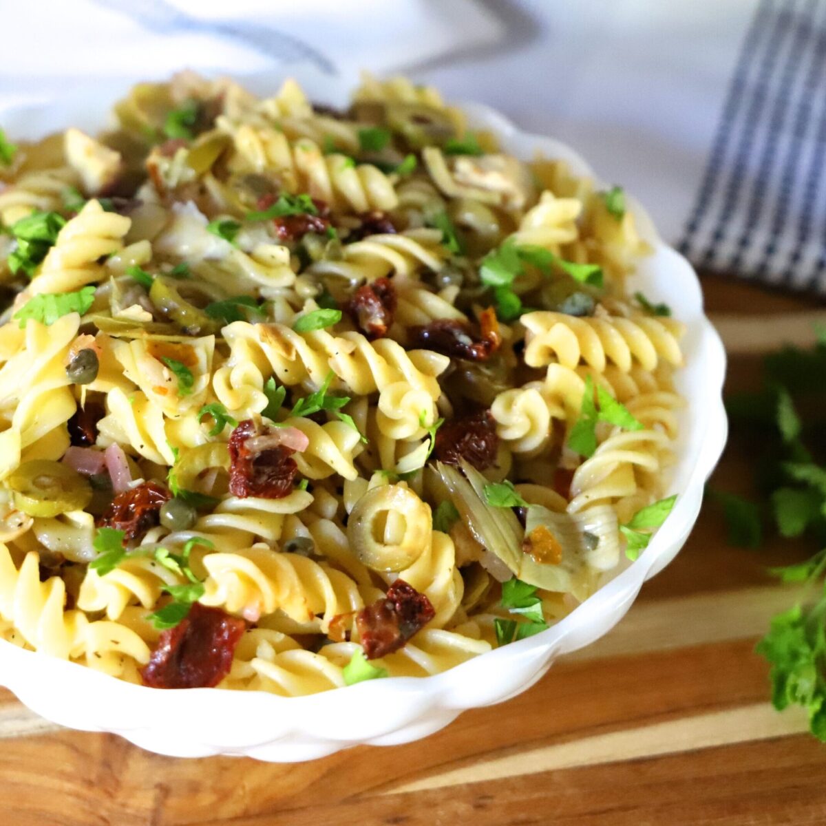 Sun Dried Tomato and Artichoke Pasta in a bowl